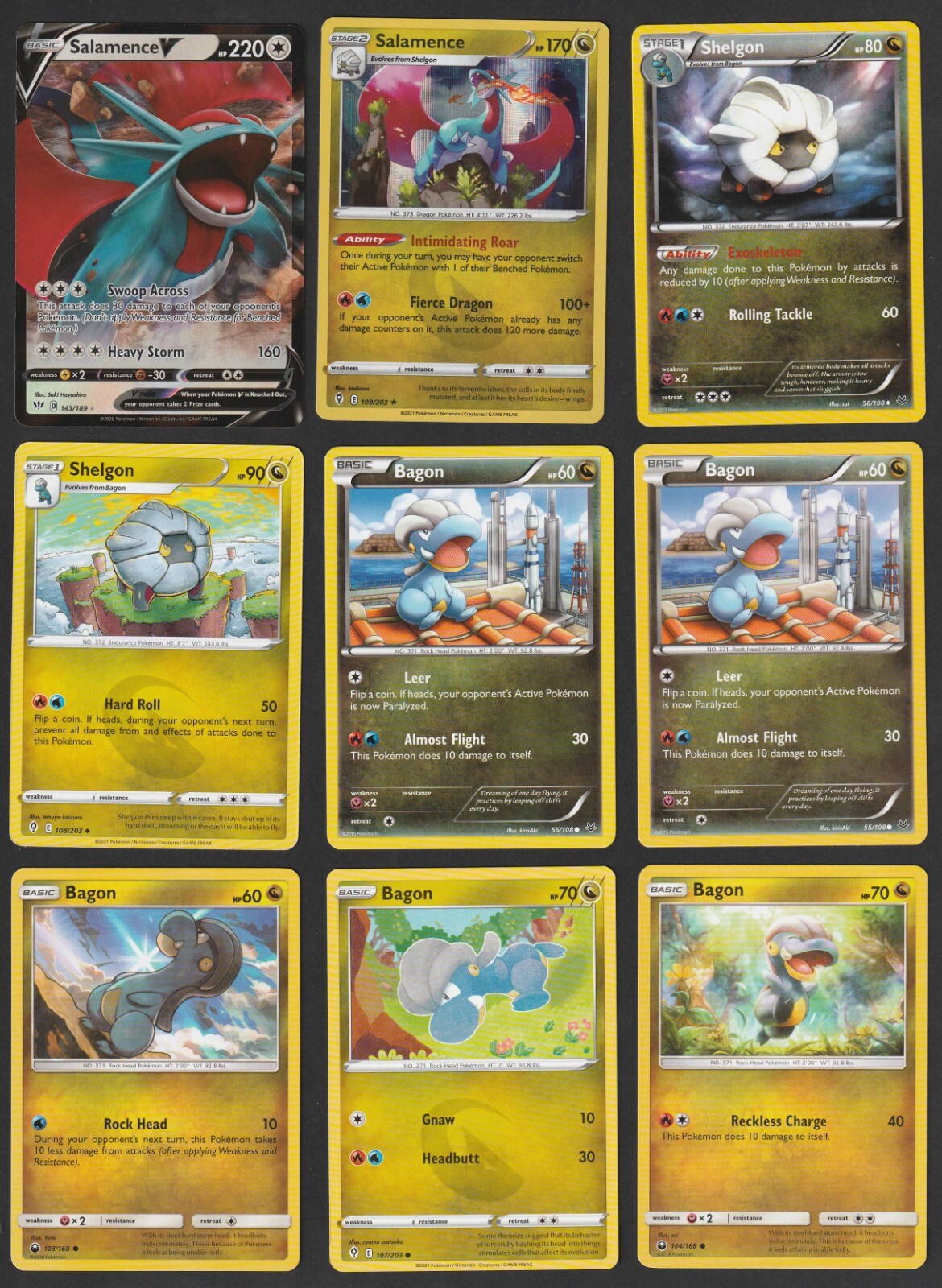 Bagon Shelgon Salamence Pokemon Card Collection Set of 9 English Holo Rare V