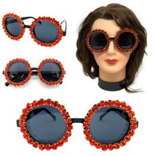 Classy Elegant Retro Bling SUN GLASSES Round Frame Big Red Rhinestones Handmade 