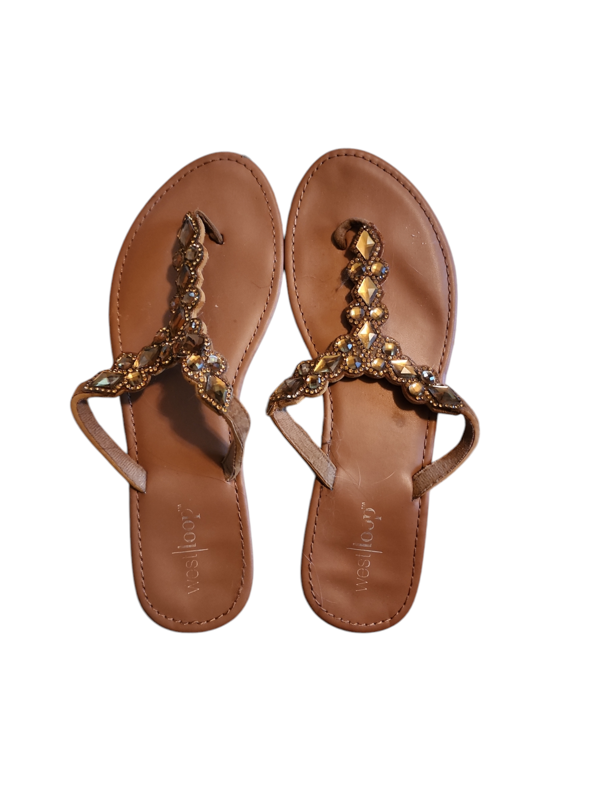 APL Sandali donna West Loop misura 7 8 pelle marrone slip on perizoma piatto strass