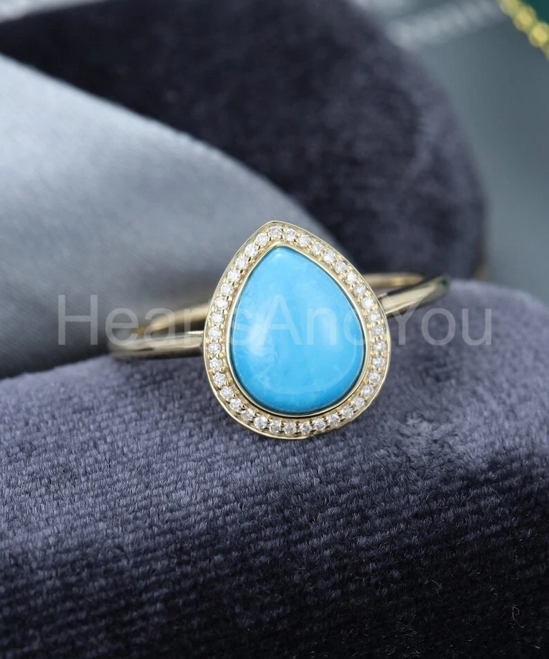 Anillo de oro amarillo sólido 100 % 14 k turquesa azul natural corte pera de 2 quilates Foto 2 de 4