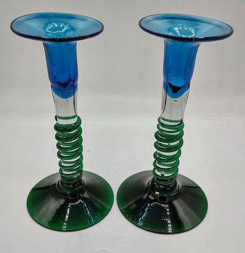 Vintage Paar handgeblasene Kunst Glas Kerzenhalter blau grün klar angewandt Rigoree 8,5 Zoll - Bild 2 von 7