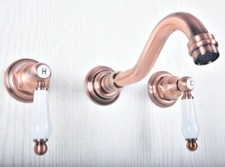 Bathroom Widespread Faucet Antique Red Copper 3 Holes Dual Handles Mixer Tap