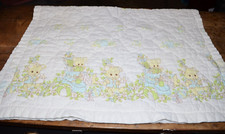 Vtg Baby Blanket Crib Quilted 42x32 Teddy Bears Satin trim Blocks beach balls
