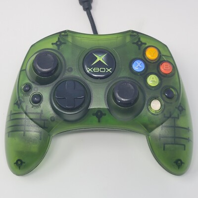 Original Xbox OEM S Type Clear Halo Green Controller w/ Breakaway Cable TESTED