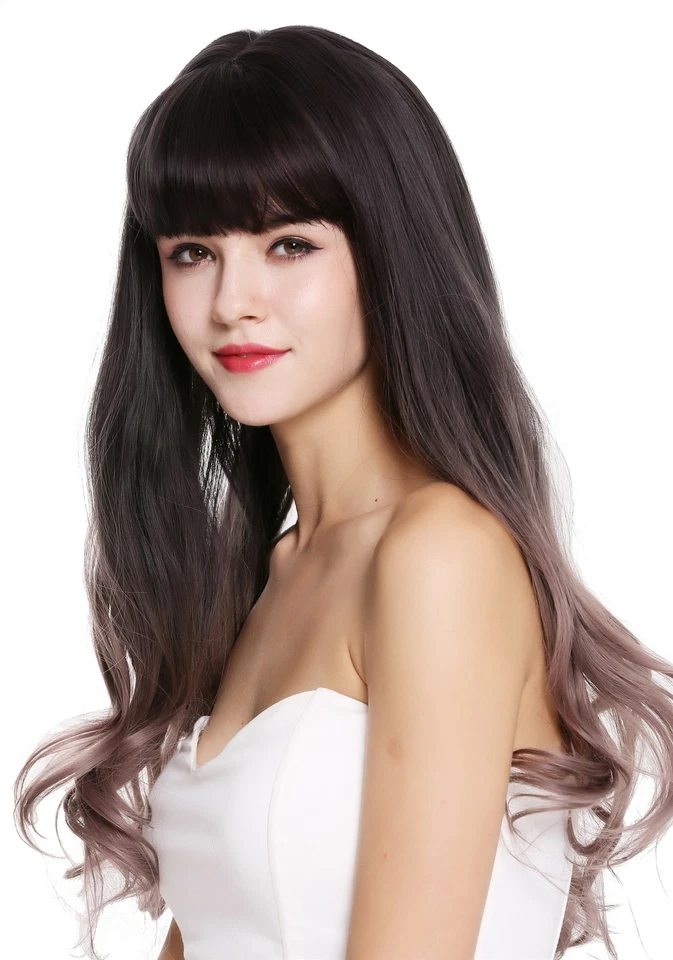 Perruque pour Femme Long Ondulés Frange Balayage Brun Foncé Rose Cosplay H1800 - Photo 4/4