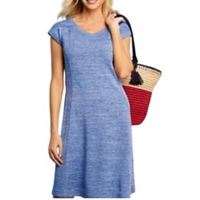 Talbots Knit Dress V-Neck Casual Comfy Blue Heathered Cap Sleeve Size Medium