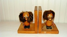 Unique Vintage Wood Hand Carved Bookends-Man Wearing Glasses with Umbrella,Japan