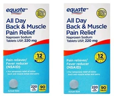 2 Pack Equate All Day Back & Muscle Pain Relief Naproxen Sodium 90 Tablets 220mg