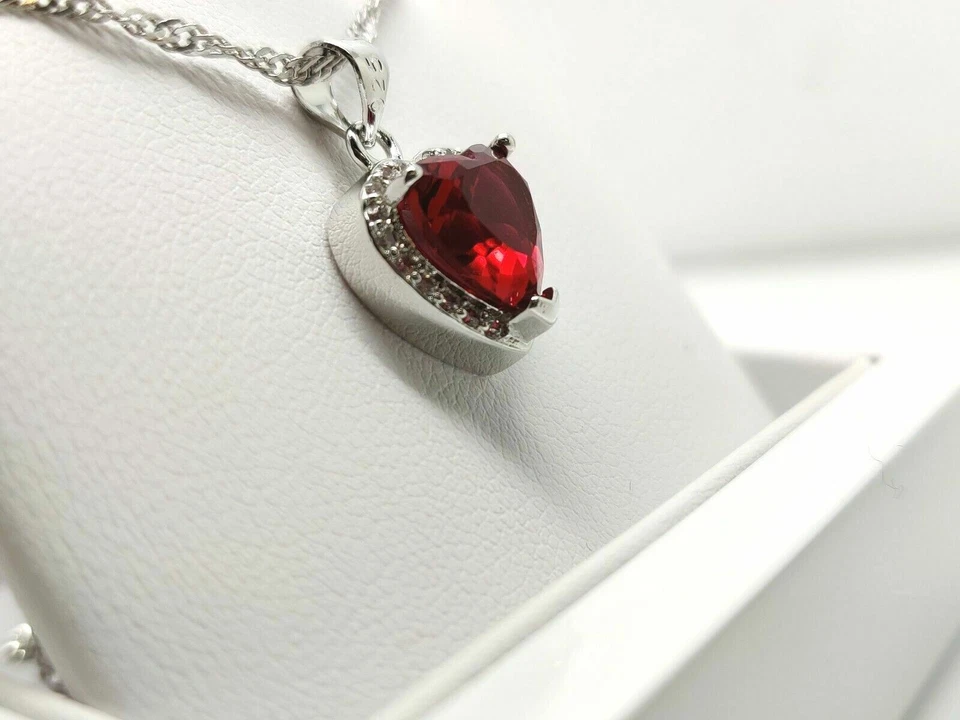 White gold finish red ruby created diamond heart necklace gift boxed valentines