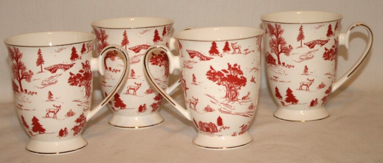 Grace Teaware Woodland Country Christmas White & Red Footed Coffee Mugs New