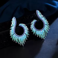 Blue Cubic Zirconia Long Fringed Stud Earrings 925 Sterling Silver Women Jewelry