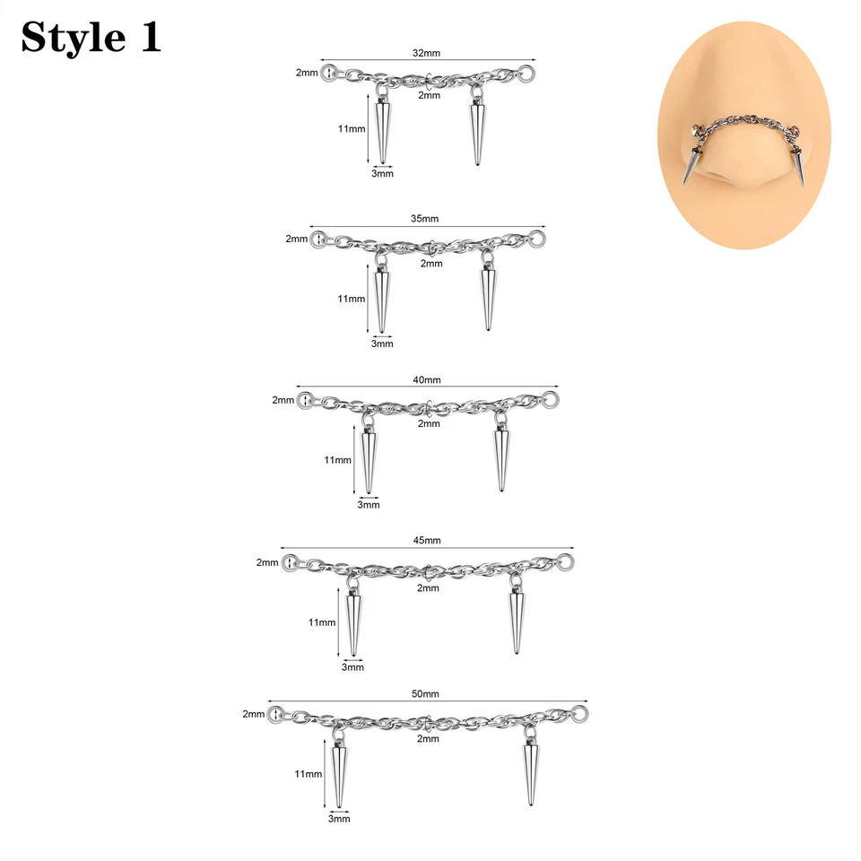 5 piezas cadenas para nariz de acero inoxidable doble nariz perforación puente fosa nasal joyería Foto 2 de 4