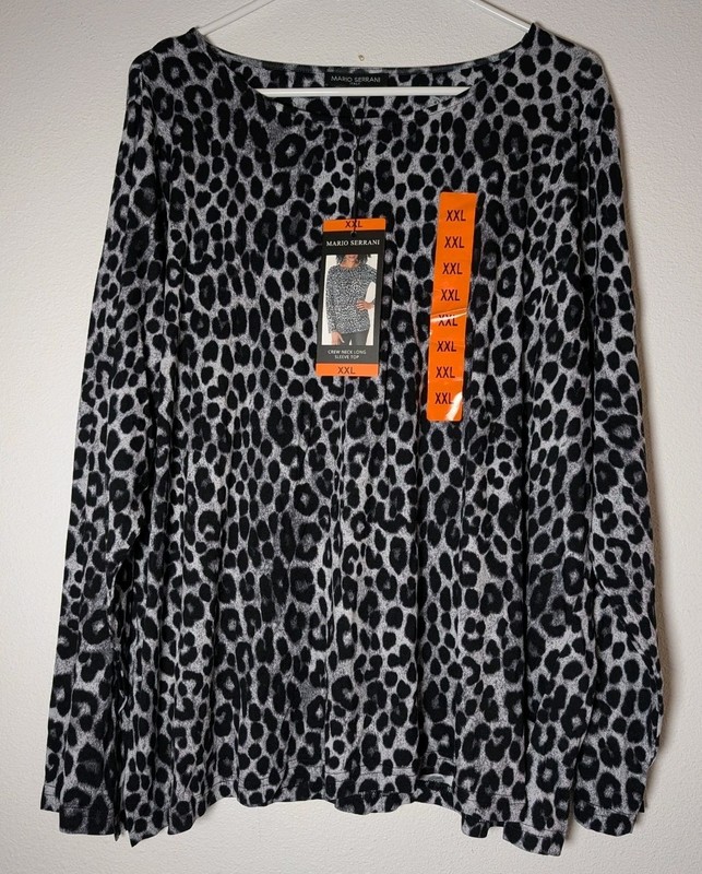 Brand New Mario Serrani Women's 2XL Crew Neck Long Sleeve Top Gray Leopard NWT