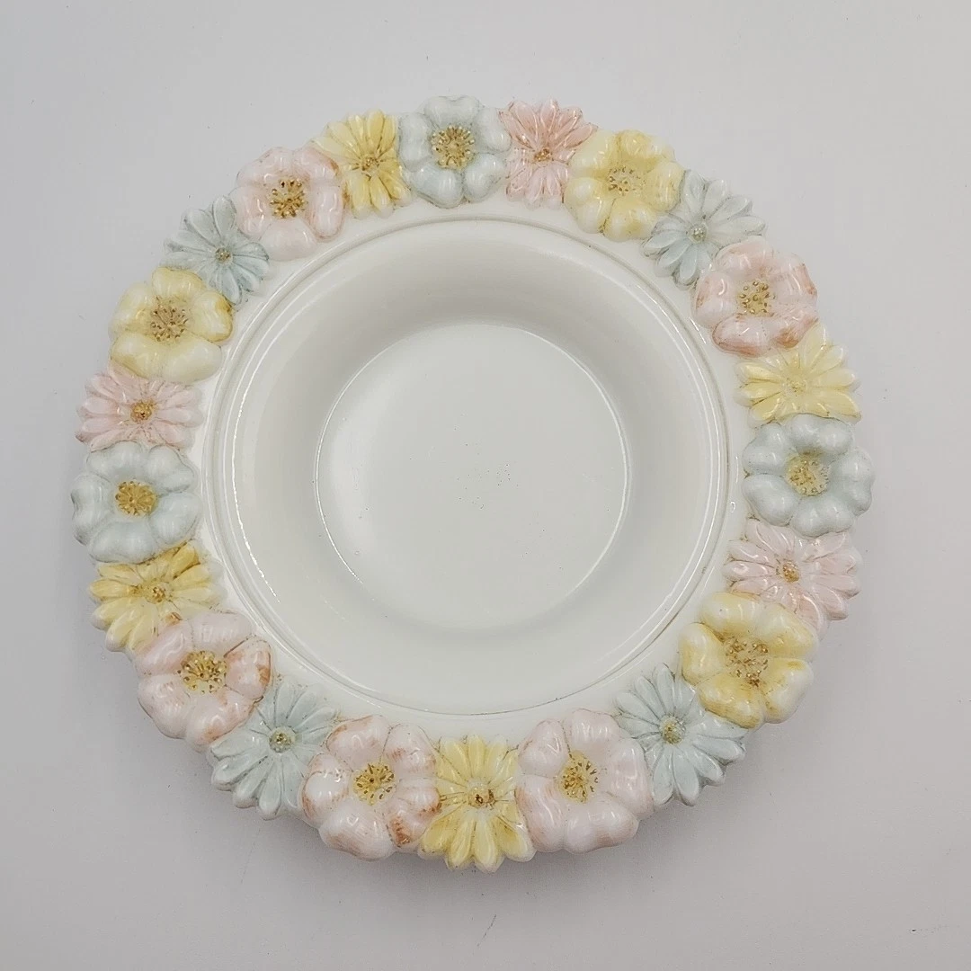 Vintage Cosmos Butter Dish Milk Glass Enamel Pastel Flowers Antique