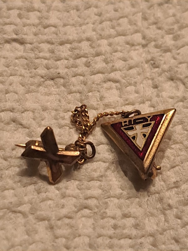 Vintage YMCA Hi-Y Club Triangle Lapel Pin Red Enamel w/ Letter  X Guard Chain
