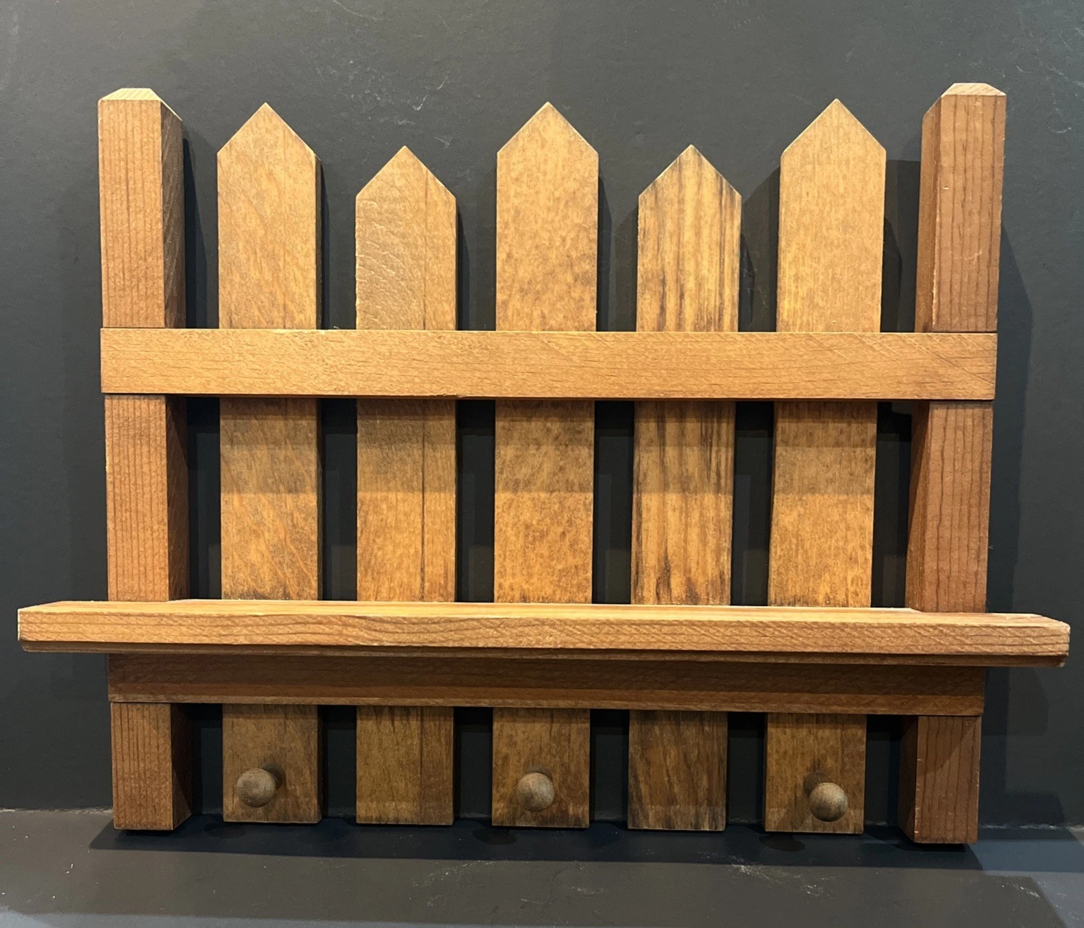 Wood Picket Fence Shelf W/ 3 Pegs, Country Cottage Farm Style, 12”x9”x2”, Cute!