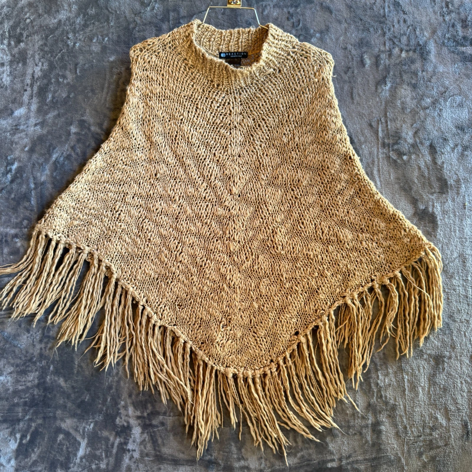 Kenneth Cole Light Brown Reaction Poncho Long Fringe Boho Festival One Size