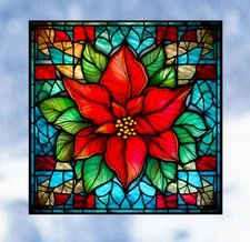 Poinsettia Christmas/Winter Faux Stained Glass WINDOW CLING Size 8" Square Vinyl