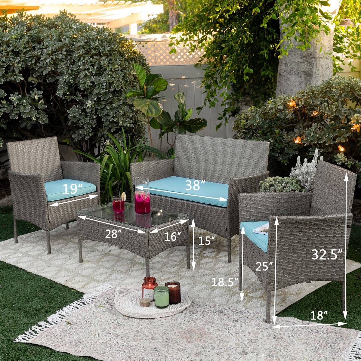 Barton 4 Piece Outdoor Patio Set Sofa Wicker Chair w/ Table Set Cushion Seat