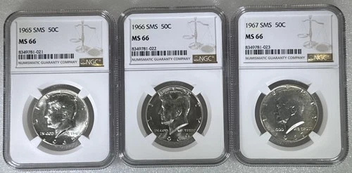 1965 -1967 SMS Kennedy Silver Half Dollar NGC MS66 -3 Coin Lot Consecutive Certs