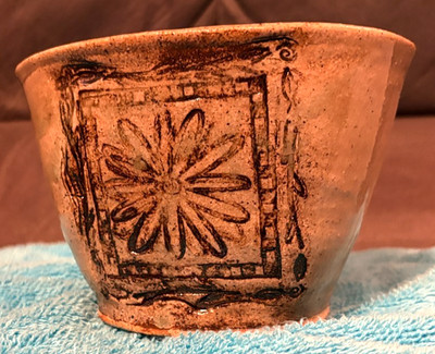 2010 Artisan Oval Pottery Bowl/Planter-''C. Roddy '10''-Brown w/Floral Design-4''H
