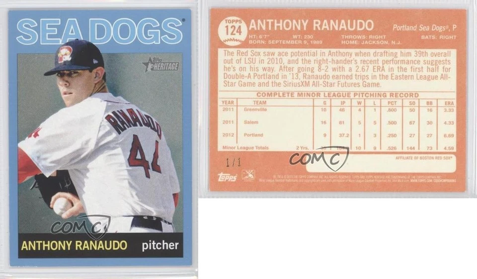 2013 Topps Heritage Minor League Edition Blue 1/1 Anthony Ranaudo #124 0b0 - Image 3 of 3