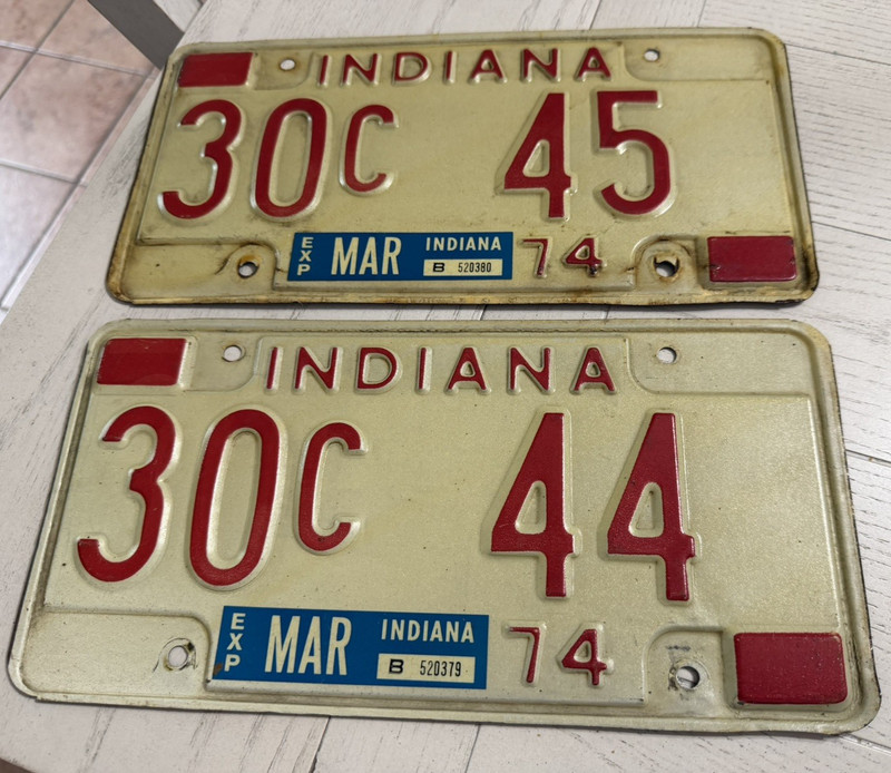 Vintage Indiana 1974 License Plates 30C 44 and 30C 45