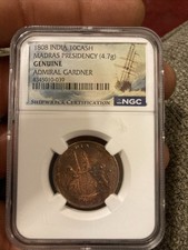1808 Admiral Gardner Shipwreck 10 Cash NGC Genuine Coin India Madras Presidency