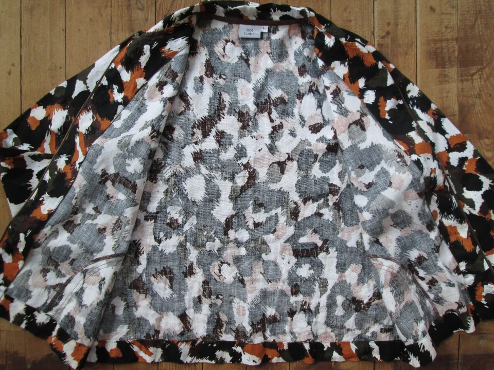 Lo último Camisa Grande Algodón Chaqueta Ligera Cremallera Completa 100% Lino Lino Leopardo Marrón Estampado Foto 4 de 4