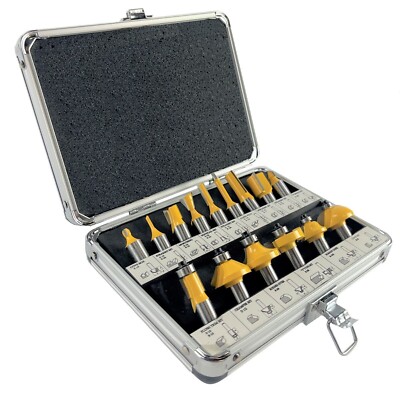 15 Piece EDM ROUTER BIT SET - 1/2'' Shank Tungsten Carbide Edges in Aluminum Case