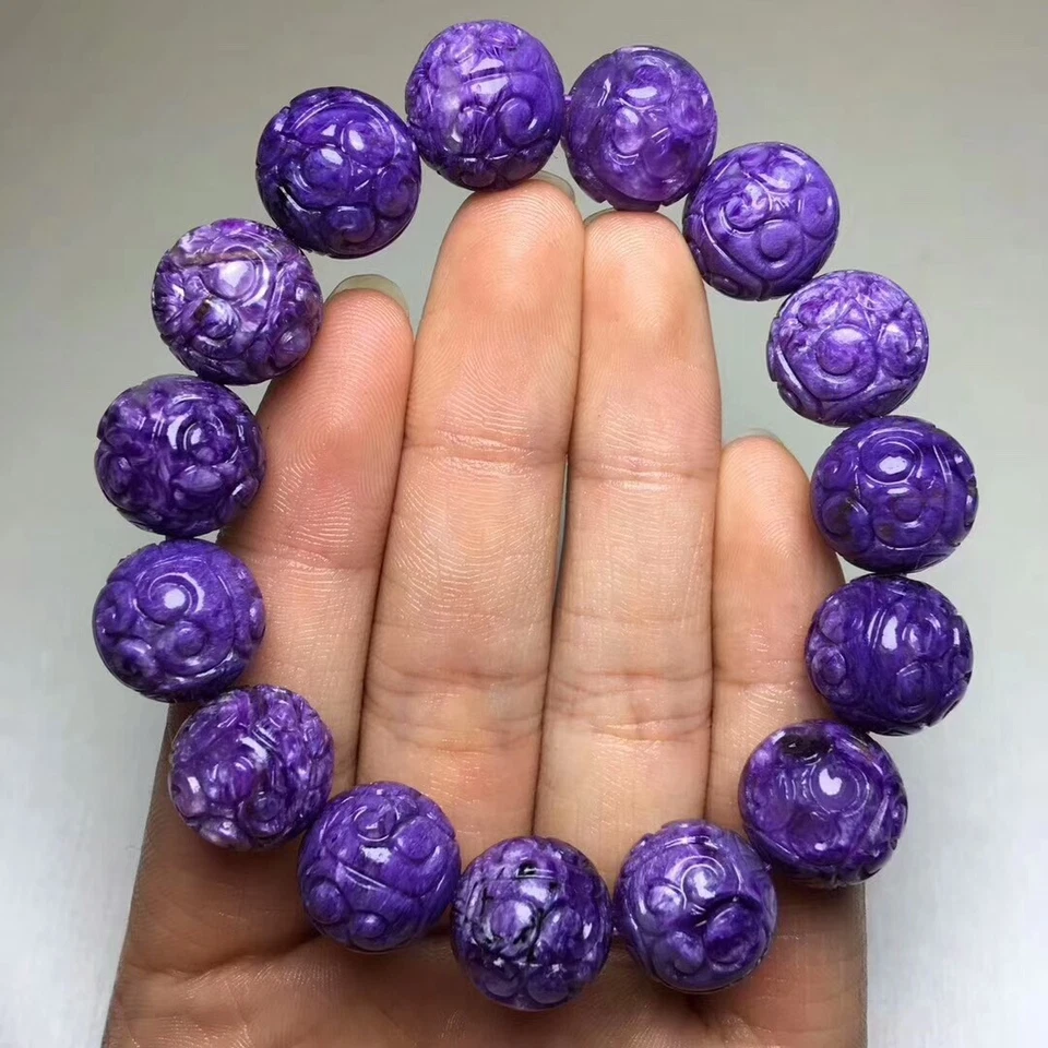 Natural Purple Charoite Gemstone Round Carved Beads Bracelet 14mm AAAA - Image 4 of 4