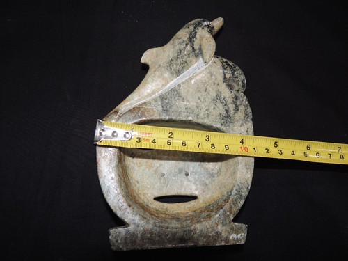 7,5 Zoll alte chinesische alte Jade/Marmor geschnitzte menschliche Krieger Gesicht & Delfin Maske Statue - Bild 12 von 13
