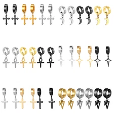 6pcs Men Women Stainless Steel Ankh Cross Clip on Non-Pierced Stud Earrings Drop