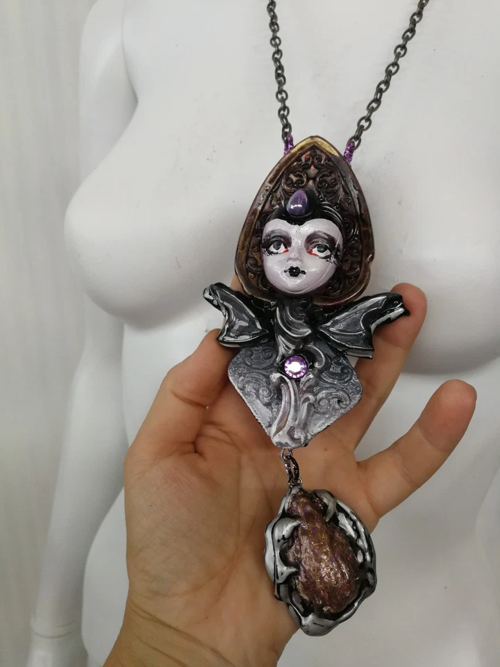 Jewelry Necklace Pendant Luxury Art Deco Gothic Doll Head Crystal Beaded Charm - Image 3 of 4