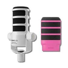 Rode PodMic USB Broadcast Mic White  WS14 Pop Filter Pink 