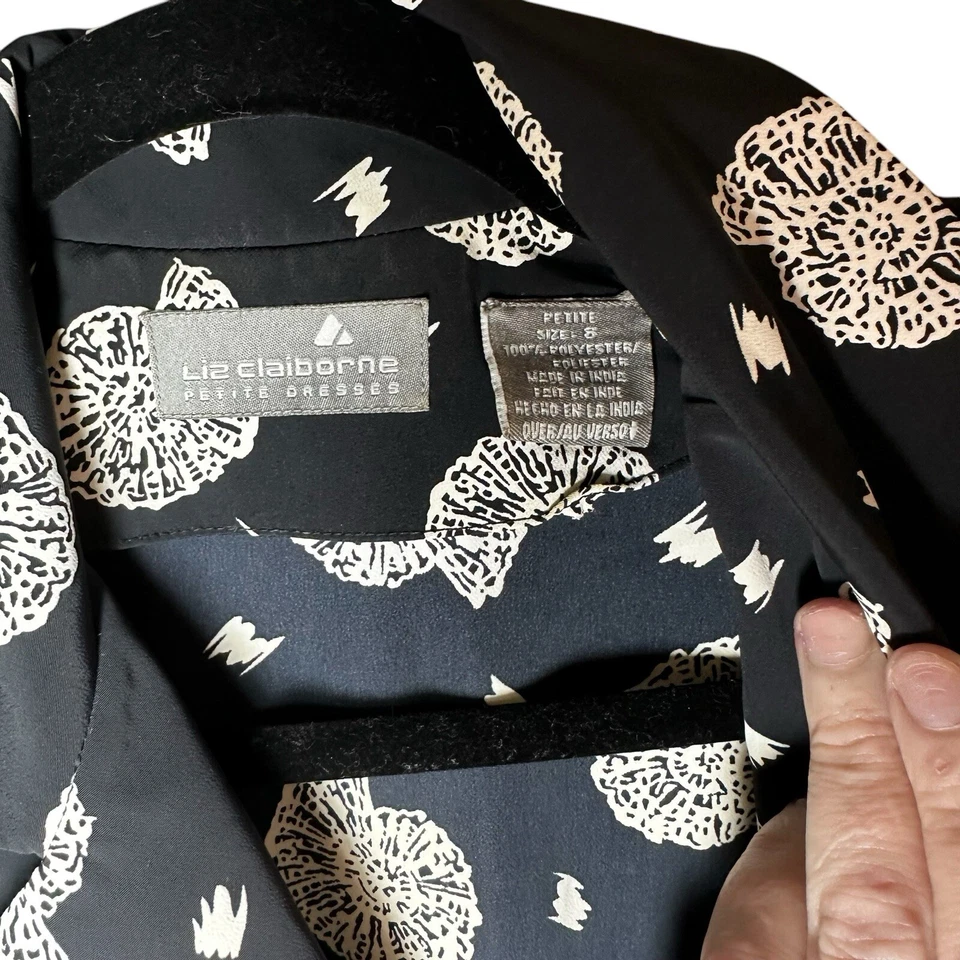 Vestido Vintage Liz Claiborne Para Mujer Talla 8P Pequeño Midi Floral Caracoles S/S Negro Foto 4 de 4