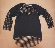 Black Bighole Mesh 3/4 Sleeve top Rhinestone trim Small adult Great overtop