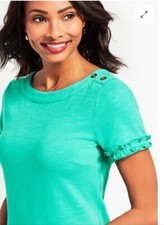 NWT TALBOTS RUFFLE-SLEEVE SLUB JERSEY Shift Dress Green PM