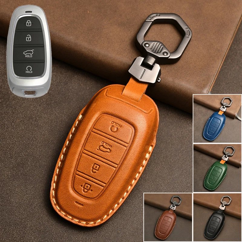 Genuine Leather Car Key Fob Case Cover Bag For Hyundai Tucson Sonata Santa Fe Foto 3 de 4