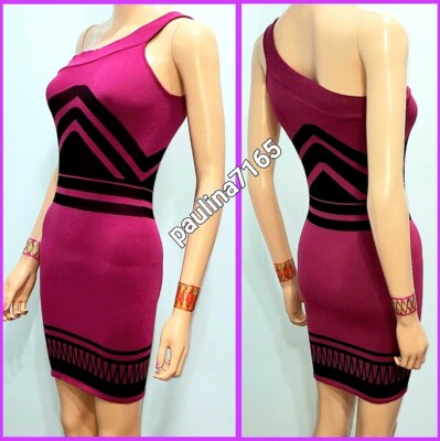 BEBE DEEP RASPBERRY/BLACK One Shoulder Bodycon Mini Dress, P/S  #R147