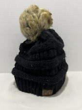 C.C Thick Cable Knit Faux Fuzzy Fur Pom Fleece Beanie
