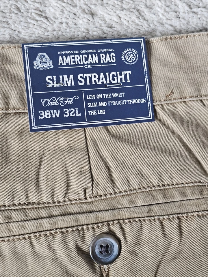 Calça chino AMERICAN RAG cáqui bronzeada masculina confortável elástica tamanho 38x32 slim fit nova com etiquetas - Imagem 4 de 4