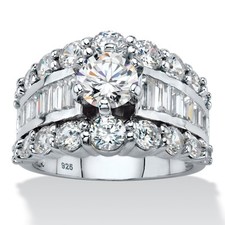 6.40 Cttw. Round and Baguette Sterling Silver Cubic Zirconia Engagement Ring