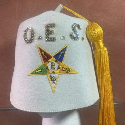 Order of the Eastern Star O.E.S. Fez Hat Off White Felt Rhinestone Yellow Tassel