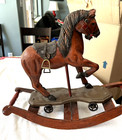 Hand Carved Wooden Rocking Horse Iron Wheels Stirrups horse 19” tall NO tail — photo 5