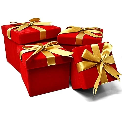  - Christmas Nesting Gift Boxes Square 4 Pack Red Velvet with Gold Ribbon Bow  - Image 4 of 4