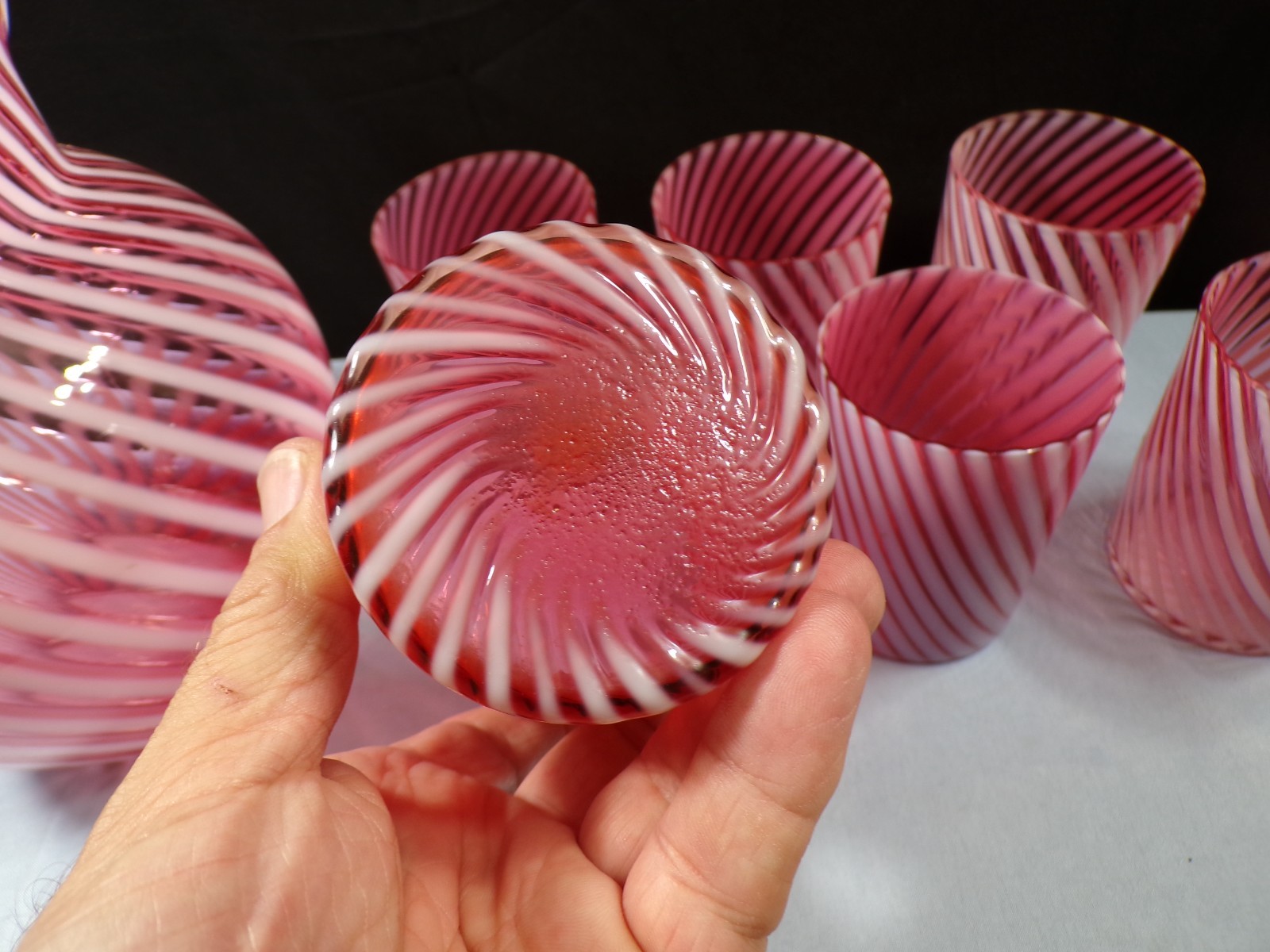 Northwood Cranberry Opalescent Swirl Spiral Optic Water Set Pitcher & 6 Tumblers