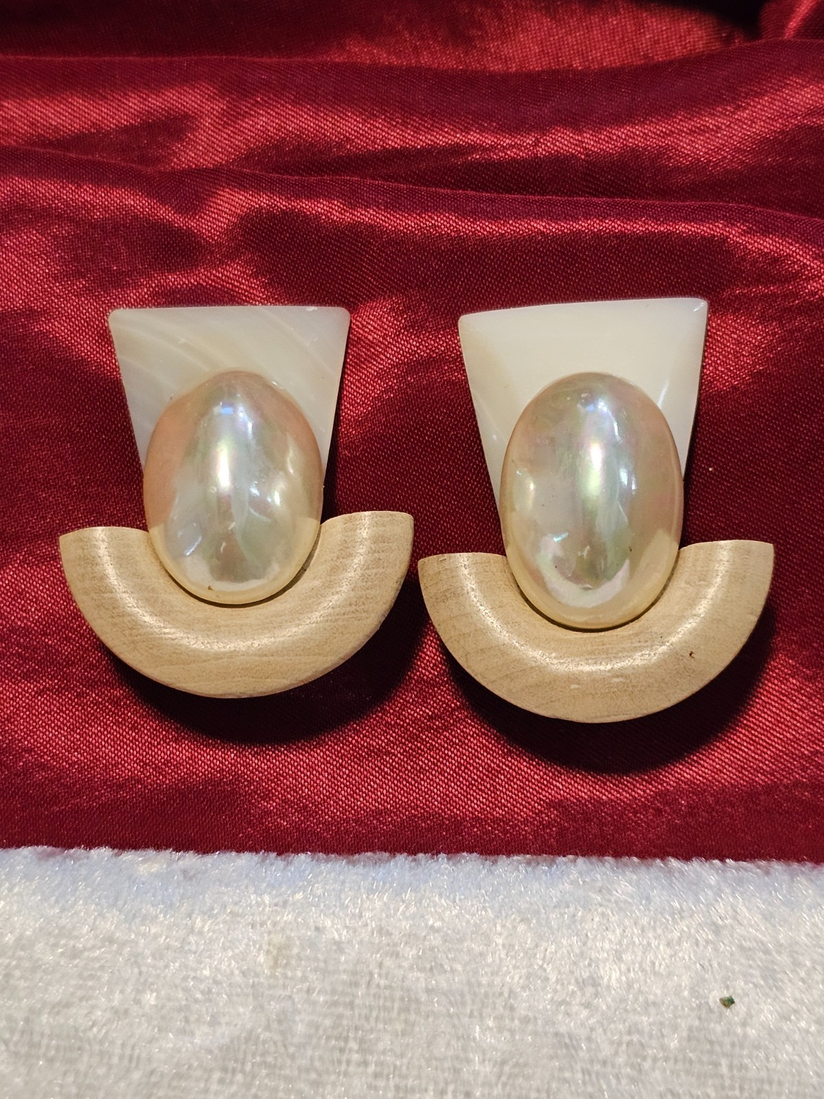 Wendy Gell Clip Earrings Art Deco Style Wood White Quartz Faux Pearl 