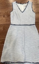 Loft Dress Womens 2 Cream White Blue Tweed Boucle V-Neck Fringe Sleeveless