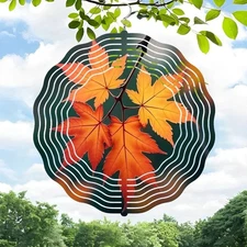 Vibrant Metal Hanging Wind Spinner with Leaf & Spiral Design - Colorful Orange